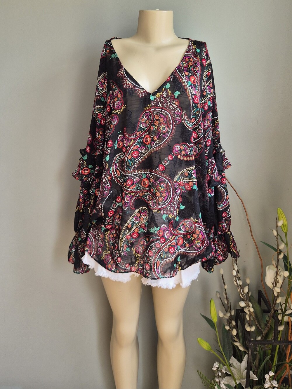 Jm Collection Boho V-Neck Paisley Ruffle Sleeve Blouse Size XL